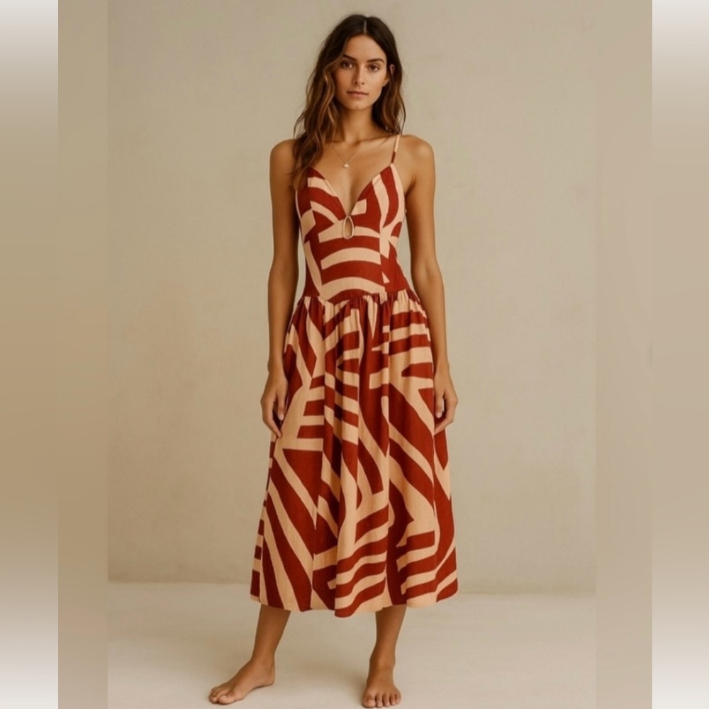 NWT Mon Renn Surreal Tropical Red Midi Dress Sz S